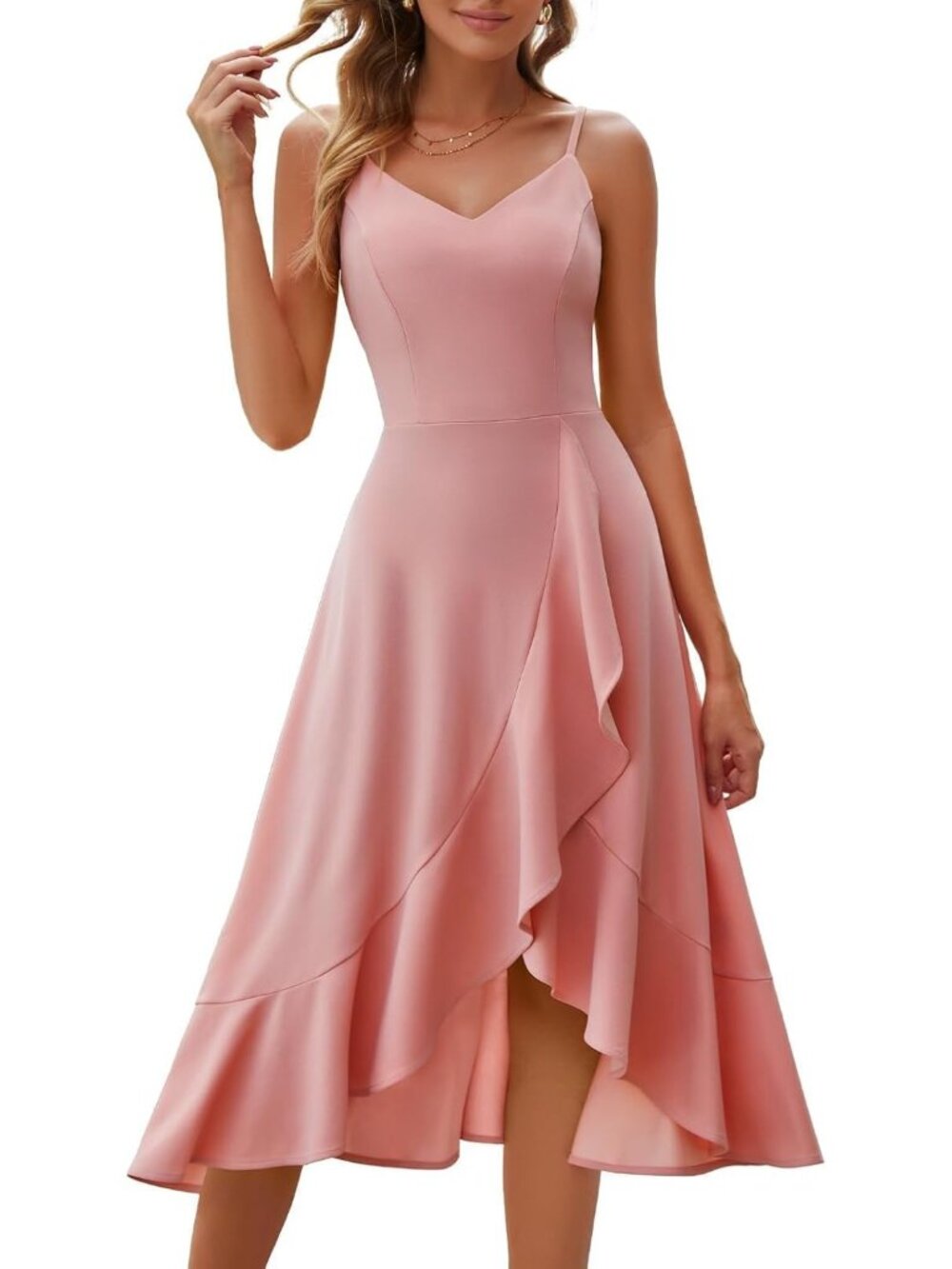 Women's Blush V Neck Sleeveless Zipper Formal High Waist Cocktail Maxi Dress